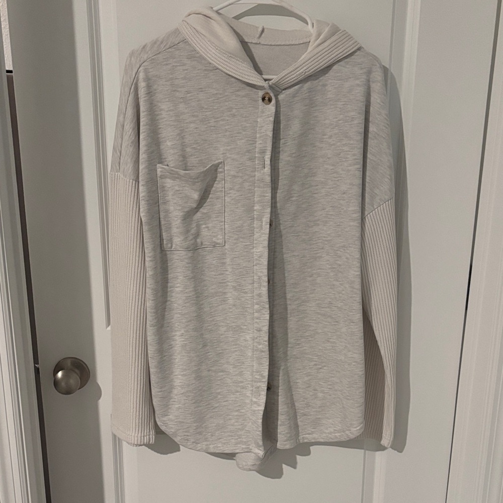 Light Gray Hooded Button-Up Top with Ribbed Cream Sleeves